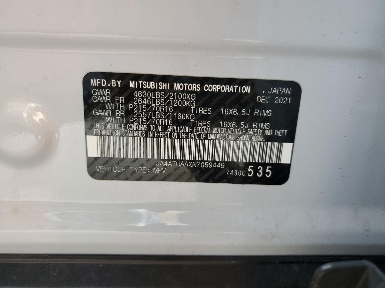 2022 MITSUBISHI ECLIPSE CROSS ES VIN:JA4ATUAAXNZ059449