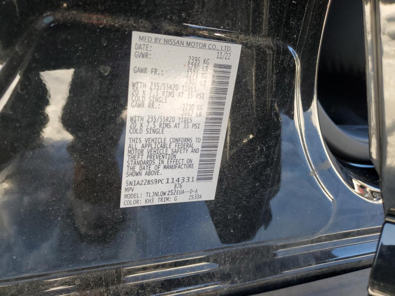 2023 NISSAN MURANO SV VIN:5N1AZ2BS9PC114331