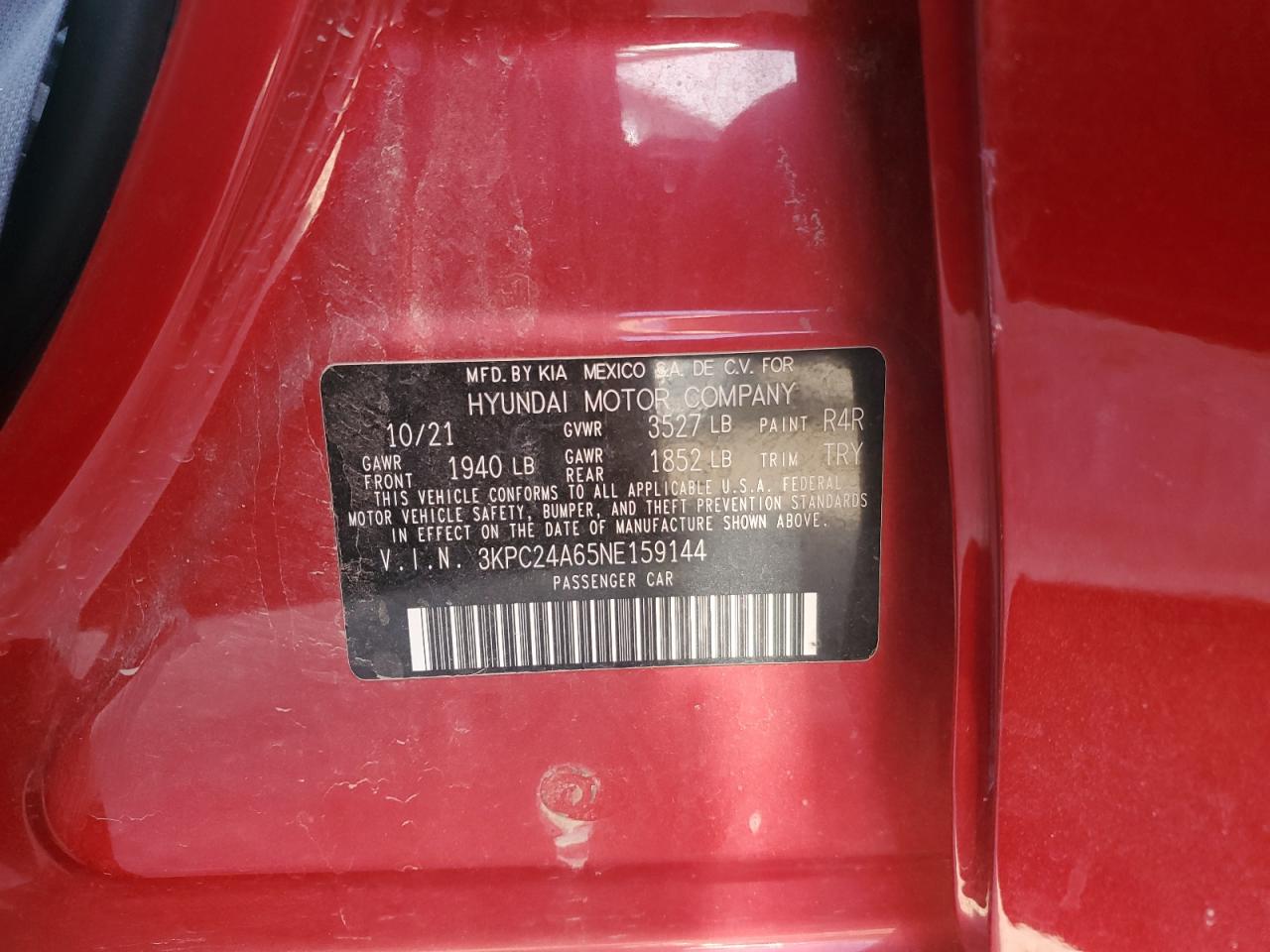 2022 HYUNDAI ACCENT SE VIN:3KPC24A65NE159144