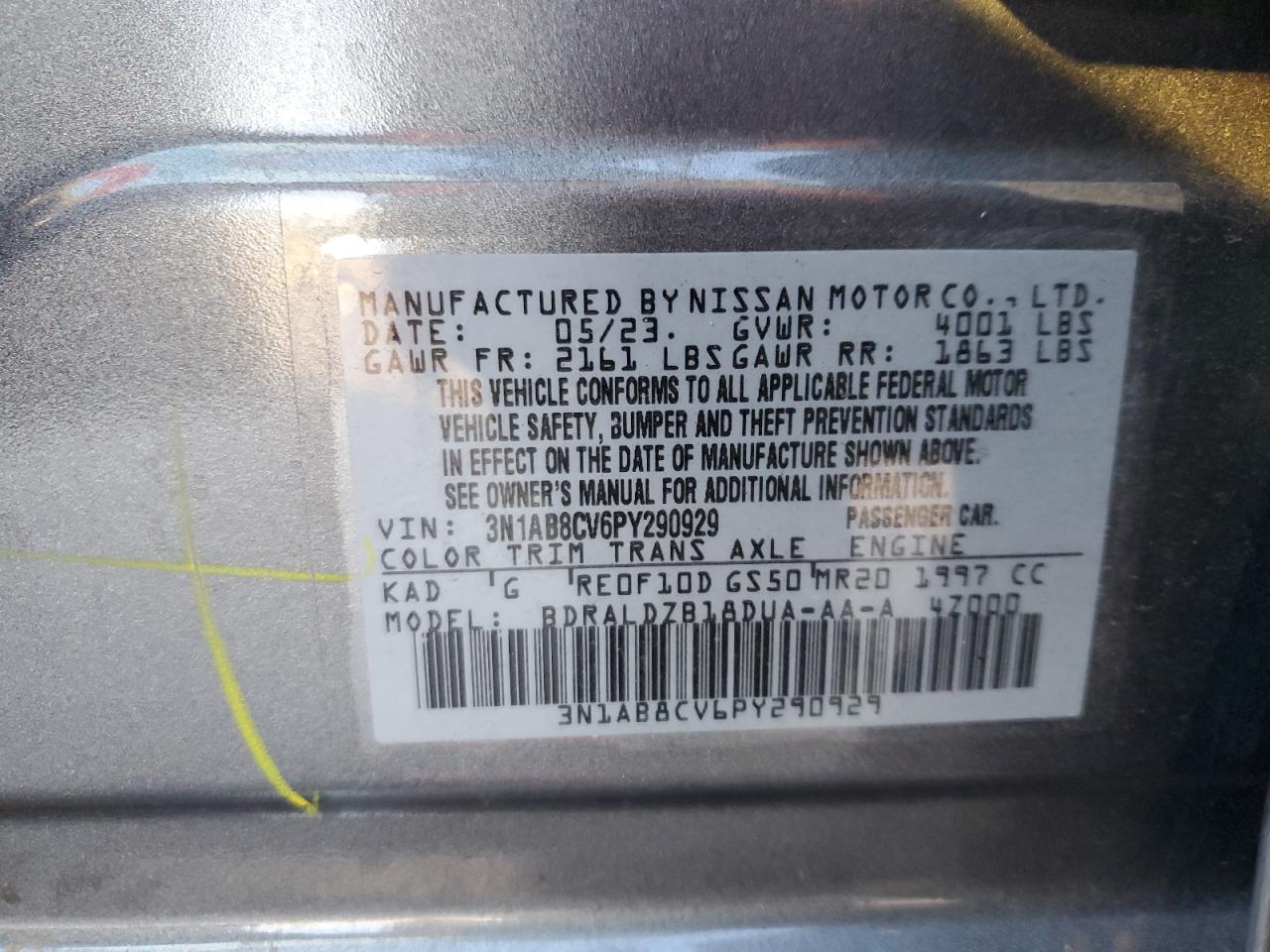 2023 NISSAN SENTRA SV VIN:3N1AB8CV6PY290929