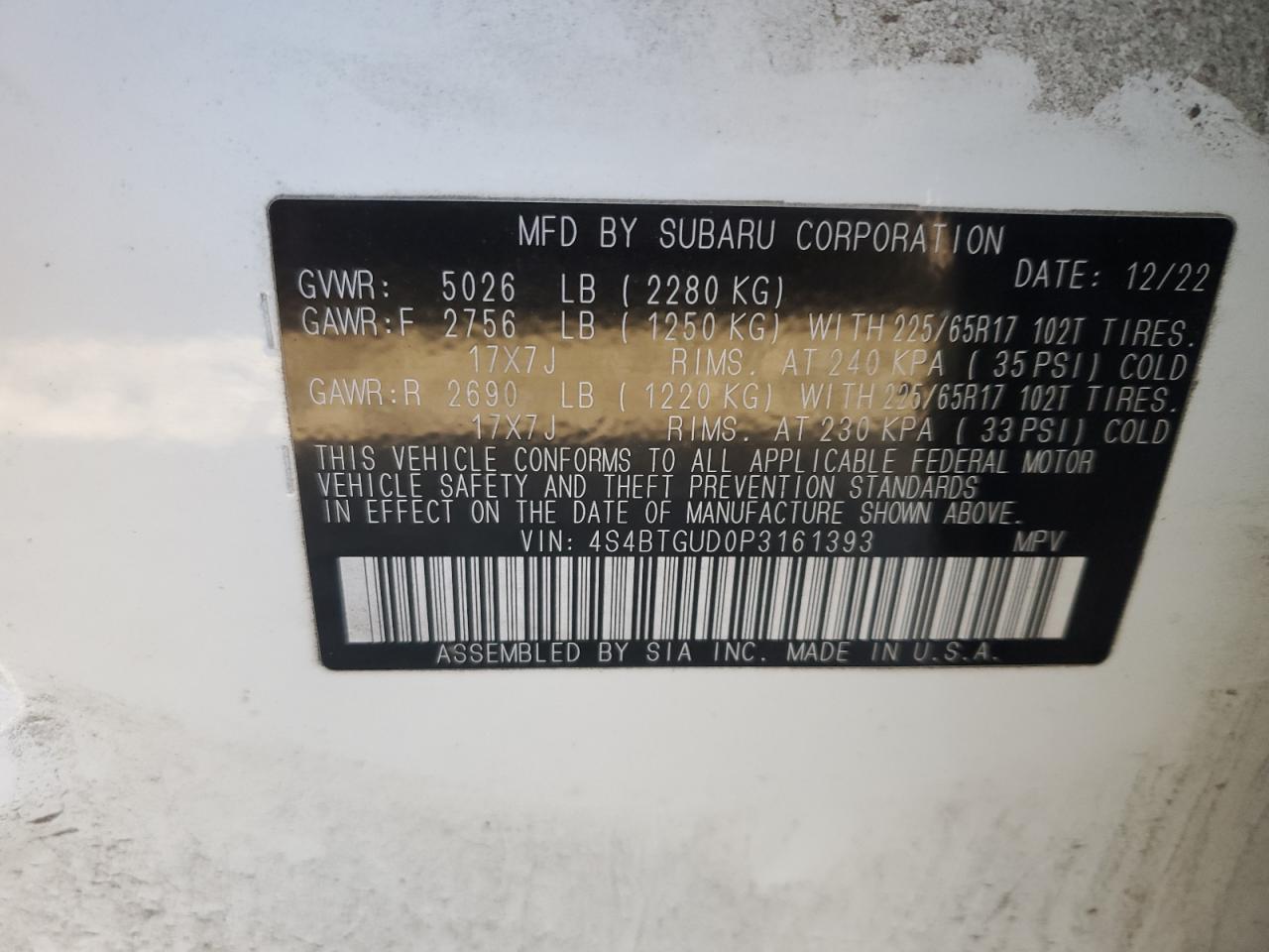 2023 SUBARU OUTBACK WILDERNESS VIN:4S4BTGUD0P3161393