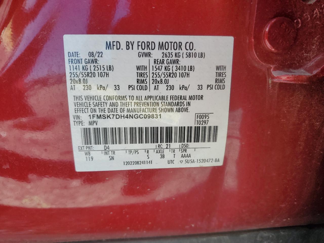 2022 FORD EXPLORER XLT VIN:1FMSK7DH4NGC09831