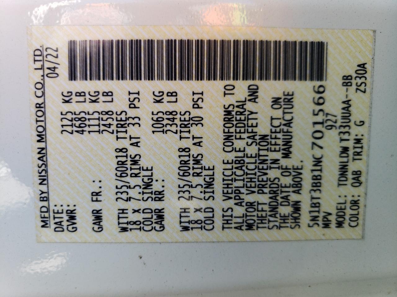 2022 NISSAN ROGUE SV VIN:5N1BT3BB1NC701566