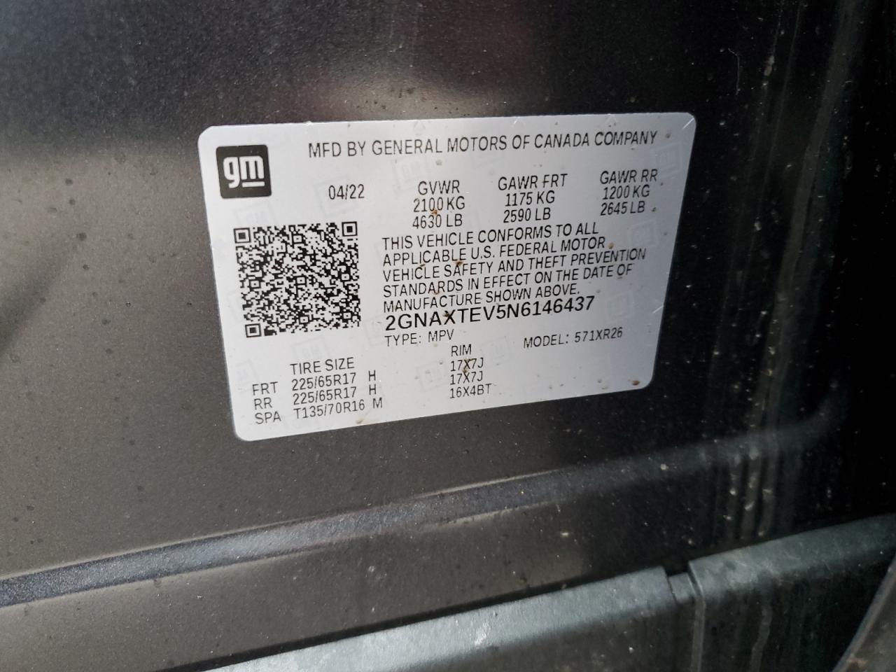 2022 CHEVROLET EQUINOX LT VIN:2GNAXTEV5N6146437