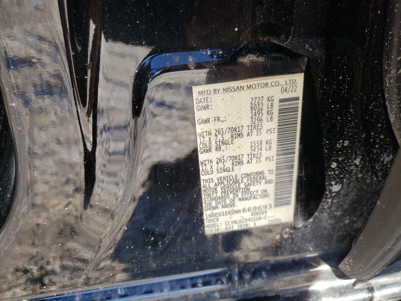 2022 NISSAN FRONTIER S VIN:1N6ED1EK0NN669693