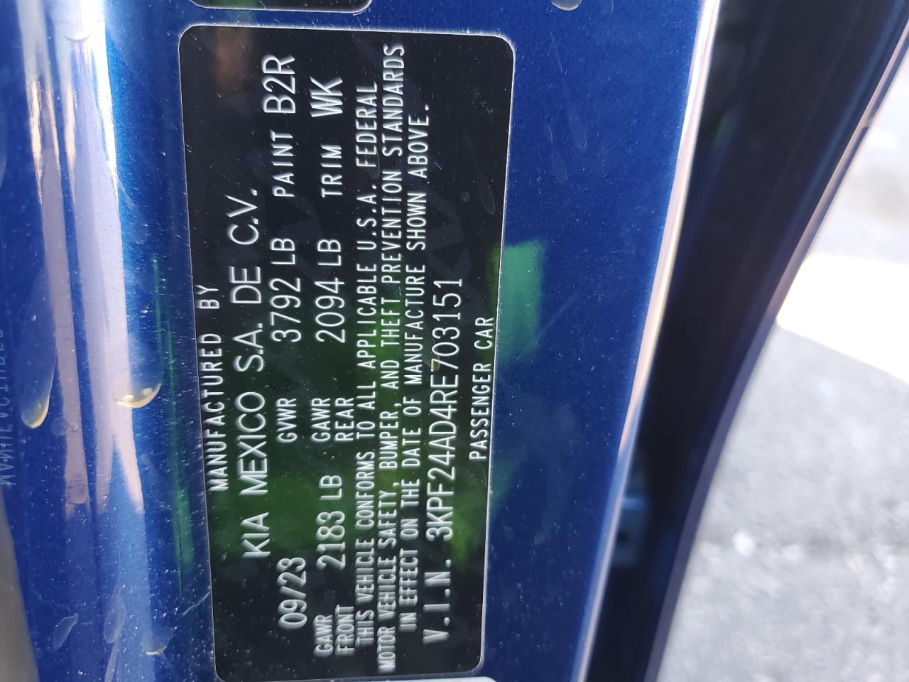 2024 KIA FORTE LX VIN:3KPF24AD4RE703151