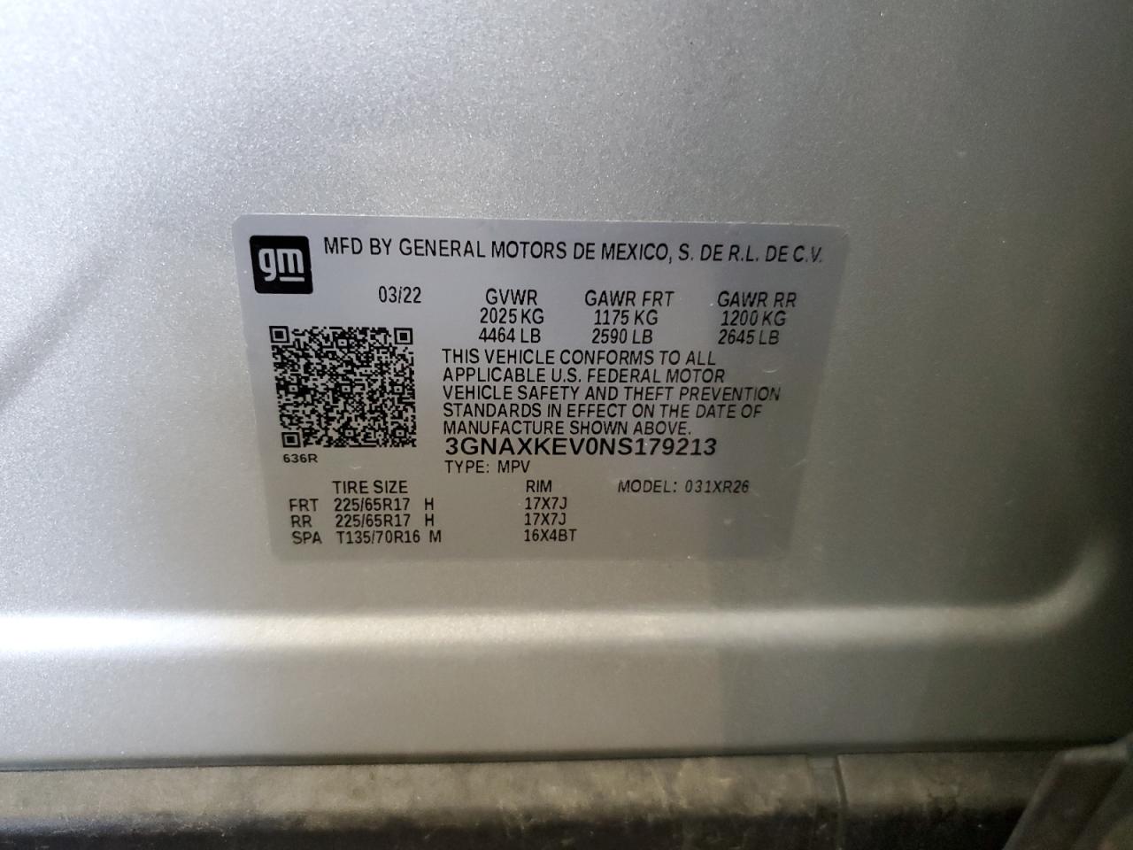 2022 CHEVROLET EQUINOX LT VIN:3GNAXKEV0NS179213