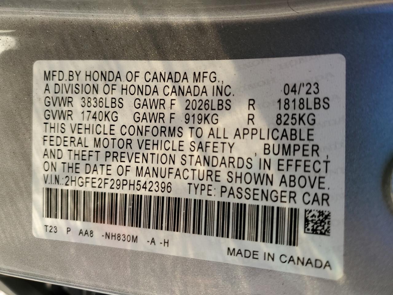 2023 HONDA CIVIC LX VIN:2HGFE2F29PH542396