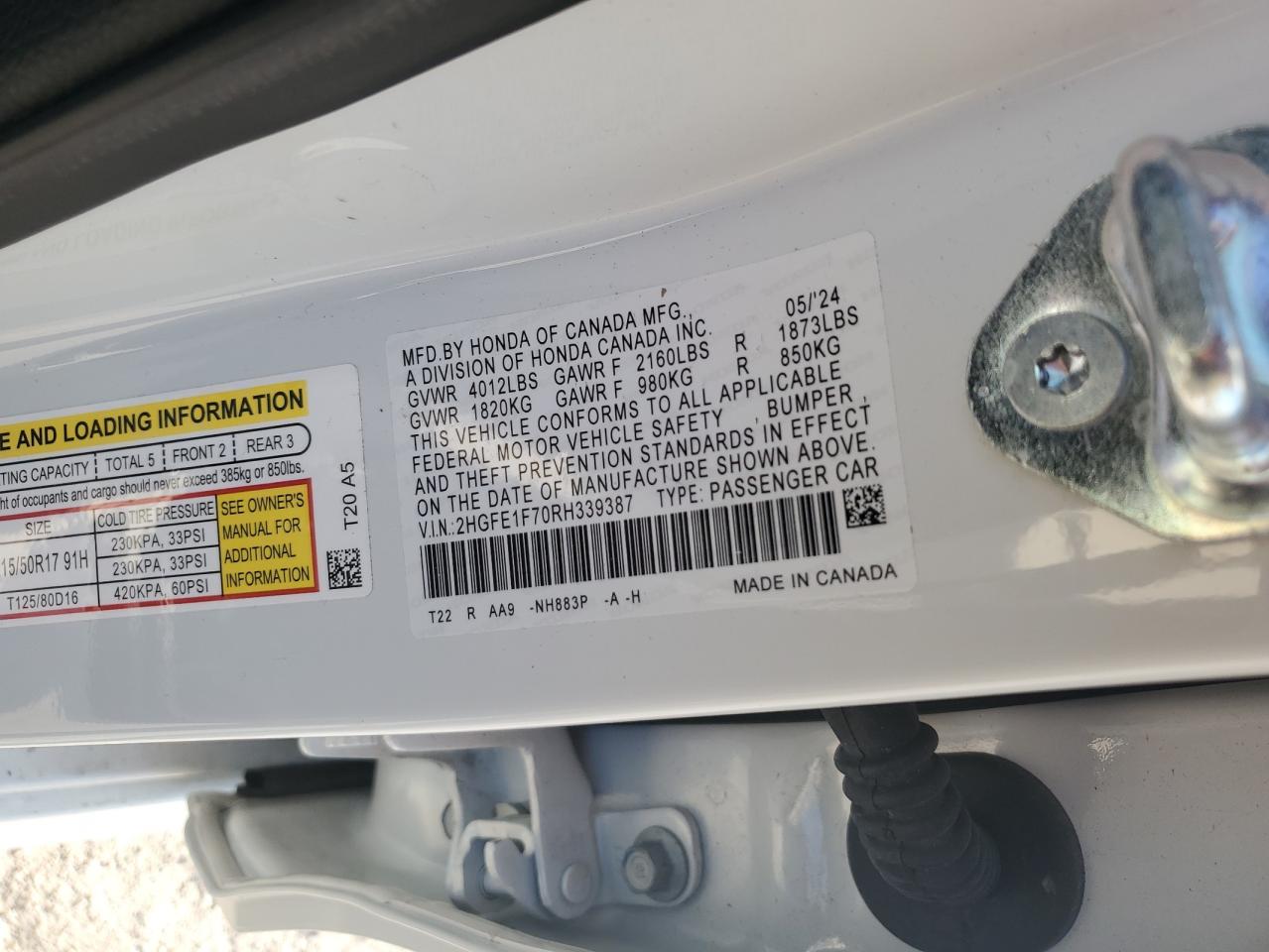 2024 HONDA CIVIC EX VIN:2HGFE1F70RH339387