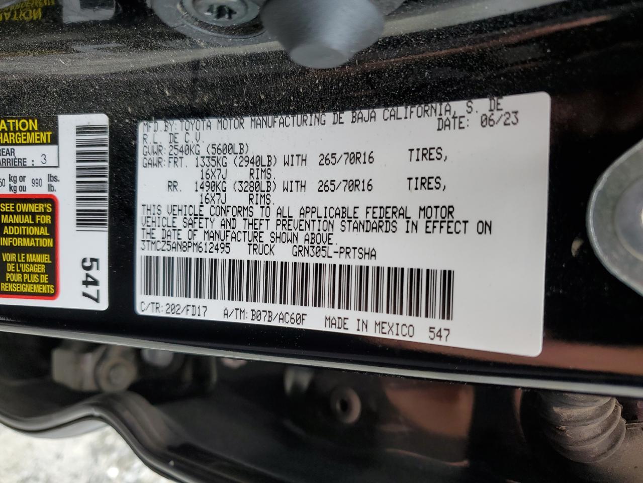 2023 TOYOTA TACOMA DOUBLE CAB VIN:3TMCZ5AN8PM612495