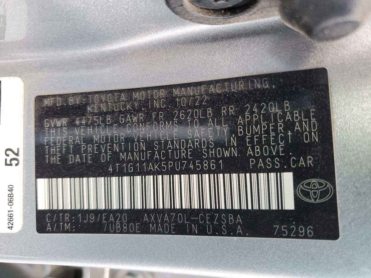 2023 TOYOTA CAMRY SE NIGHT SHADE VIN:4T1G11AK5PU745861