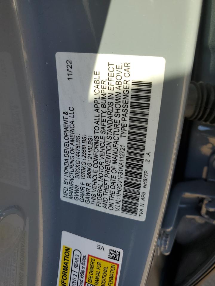 2022 HONDA ACCORD SPORT VIN:1HGCV1F31NA112721