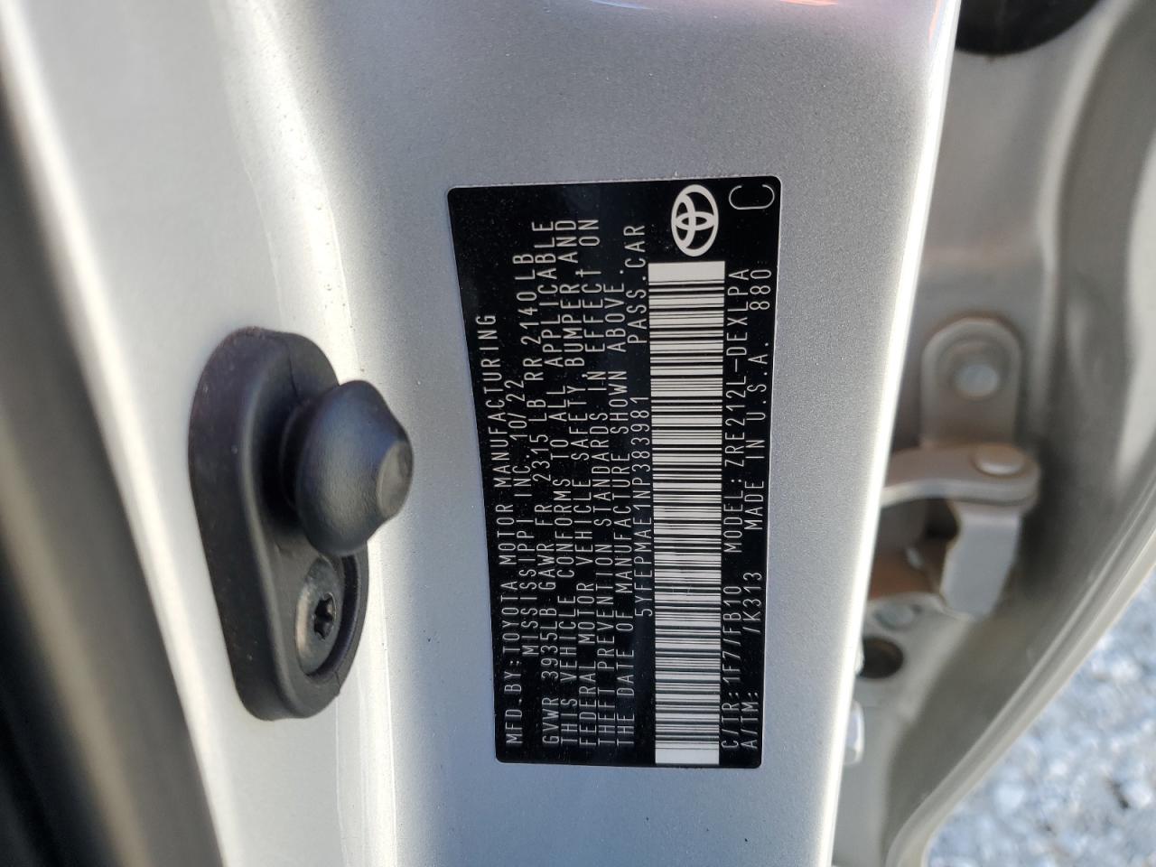 2022 TOYOTA COROLLA LE VIN:5YFEPMAE1NP383981