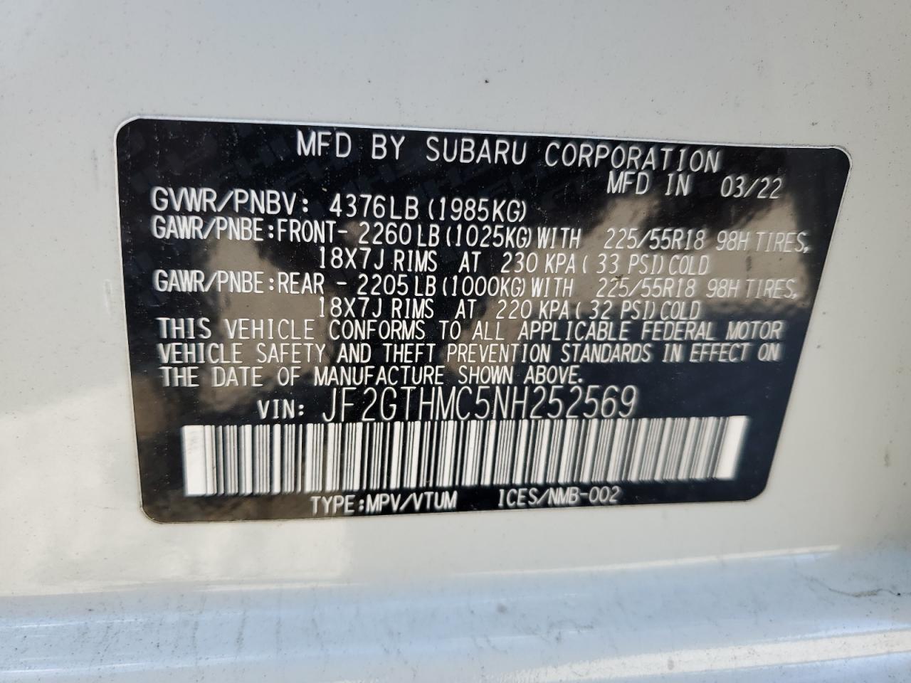 2022 SUBARU CROSSTREK LIMITED VIN:JF2GTHMC5NH252569