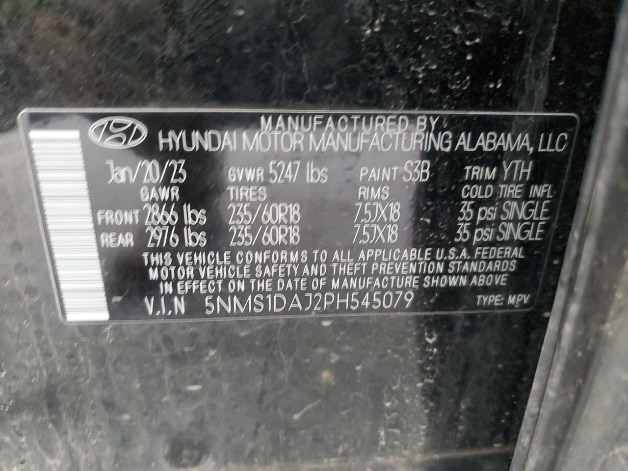 2023 HYUNDAI SANTA FE SE VIN:5NMS1DAJ2PH545079