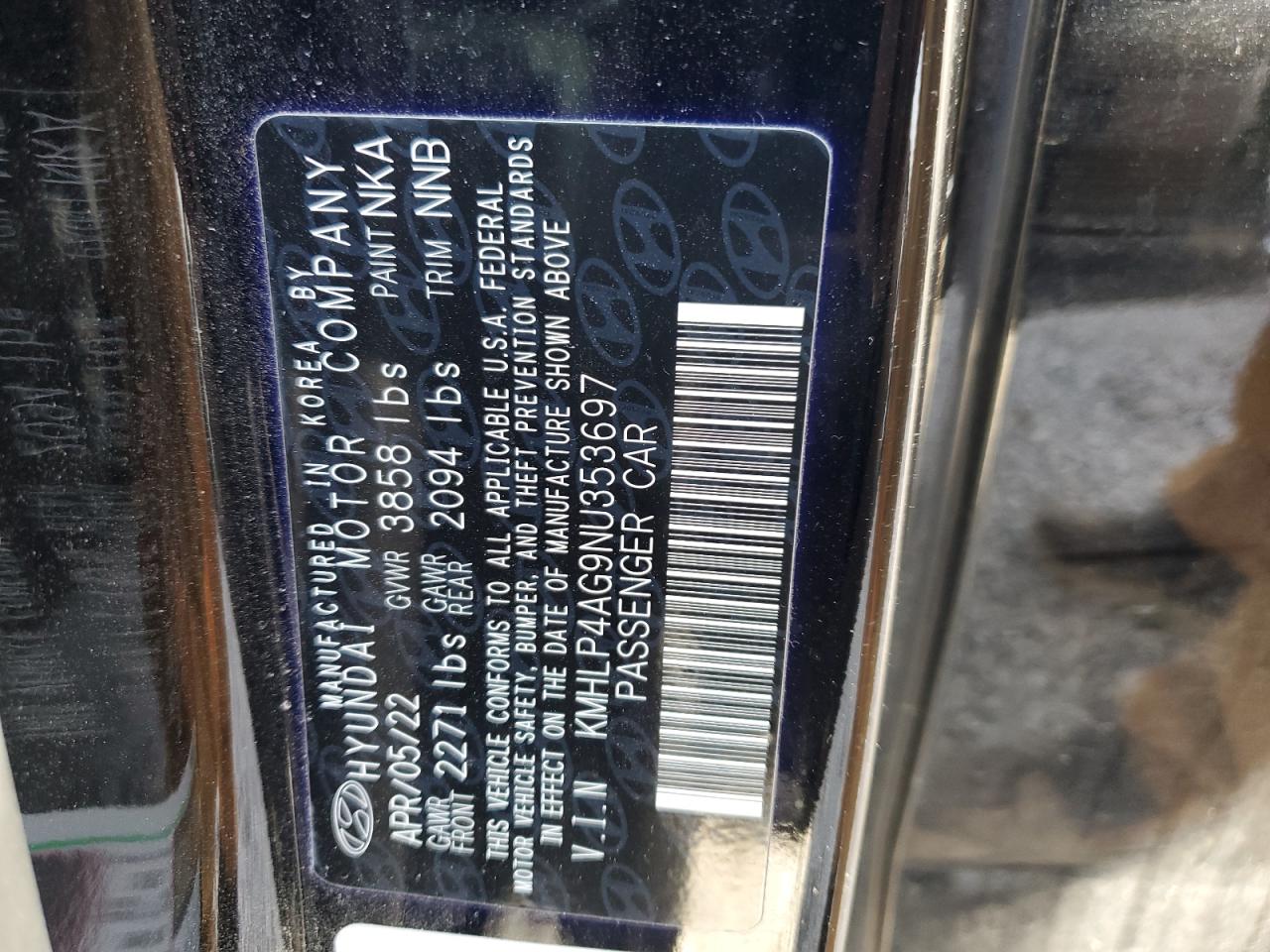 2022 HYUNDAI ELANTRA LIMITED VIN:KMHLP4AG9NU353697