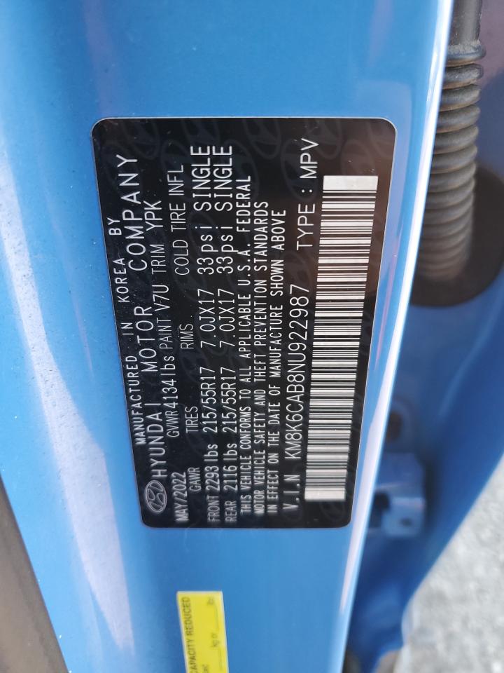 2022 HYUNDAI KONA SEL VIN:KM8K6CAB8NU922987