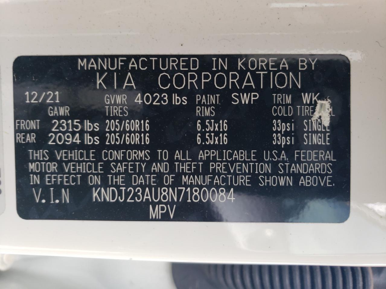 2022 KIA SOUL LX VIN:KNDJ23AU8N7180084