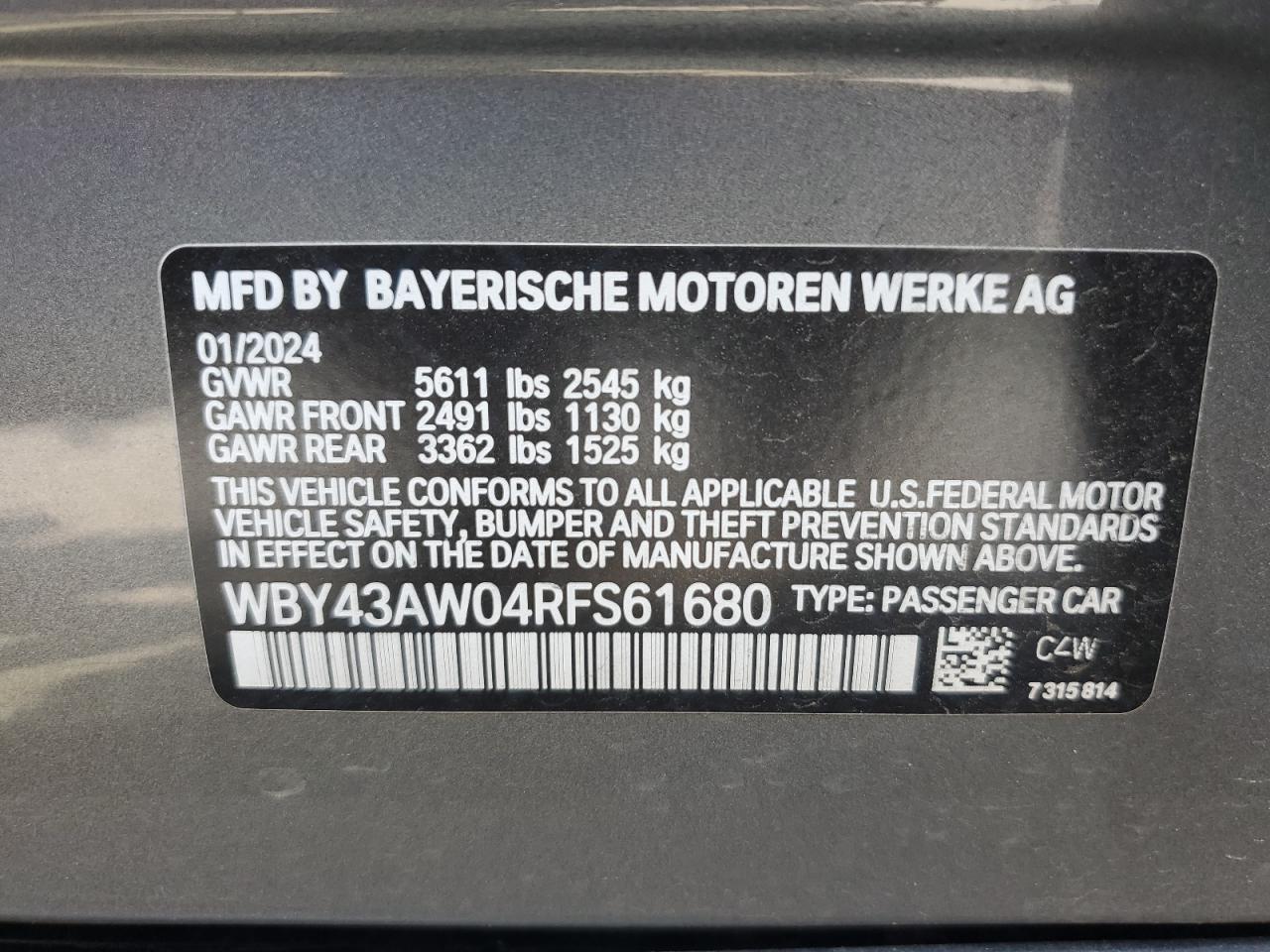 2024 BMW I4 EDRIVE 35 VIN:WBY43AW04RFS61680