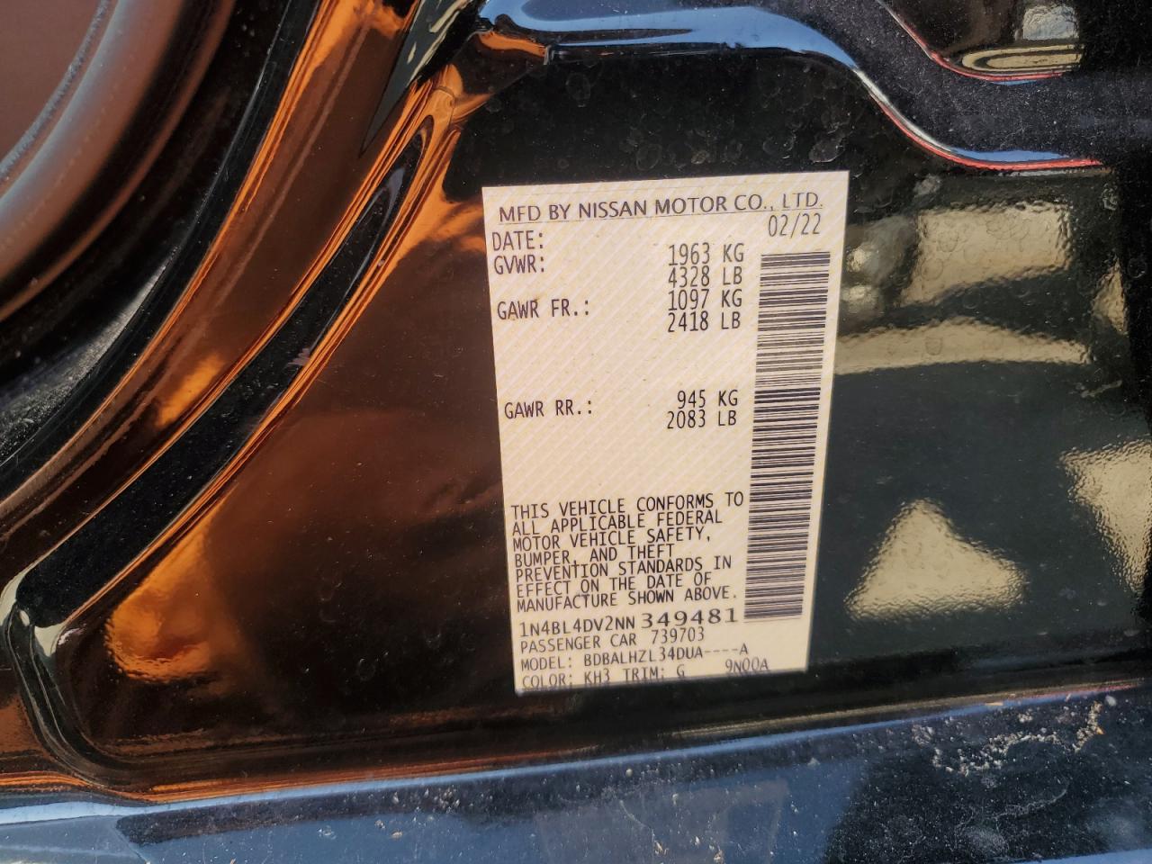 2022 NISSAN ALTIMA SV VIN:1N4BL4DV2NN349481