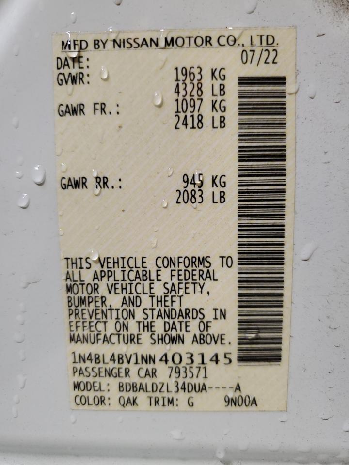 2022 NISSAN ALTIMA S VIN:1N4BL4BV1NN403145
