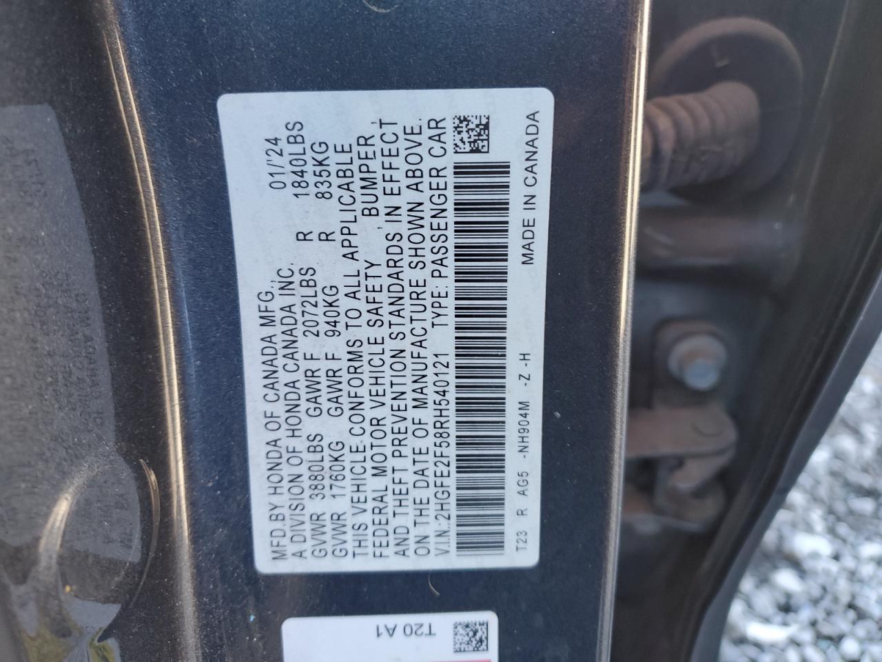 2024 HONDA CIVIC SPORT VIN:2HGFE2F58RH540121