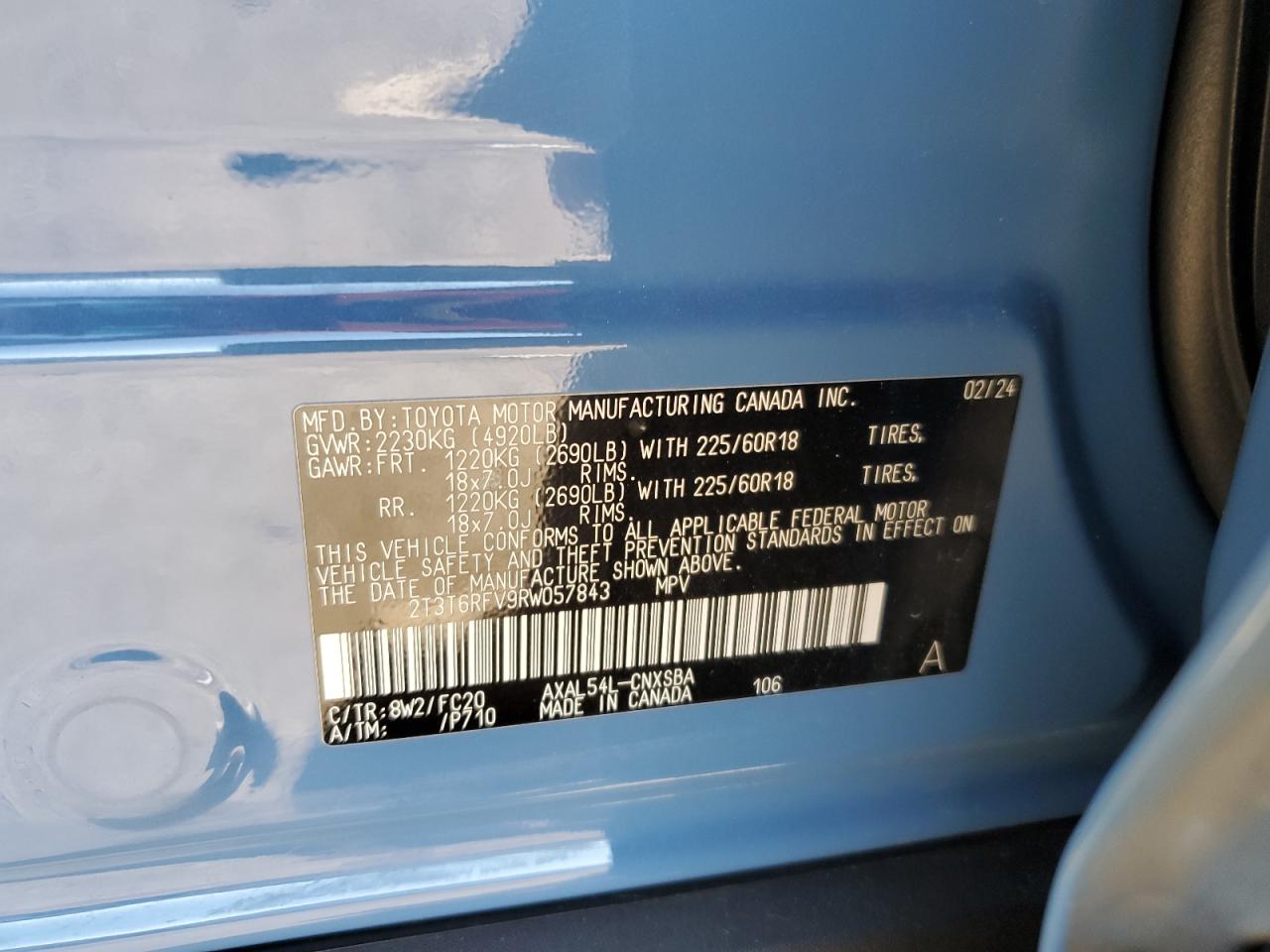2024 TOYOTA RAV4 SE VIN:2T3T6RFV9RW057843