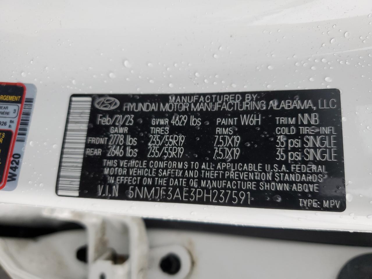 2023 HYUNDAI TUCSON SEL VIN:5NMJF3AE3PH237591