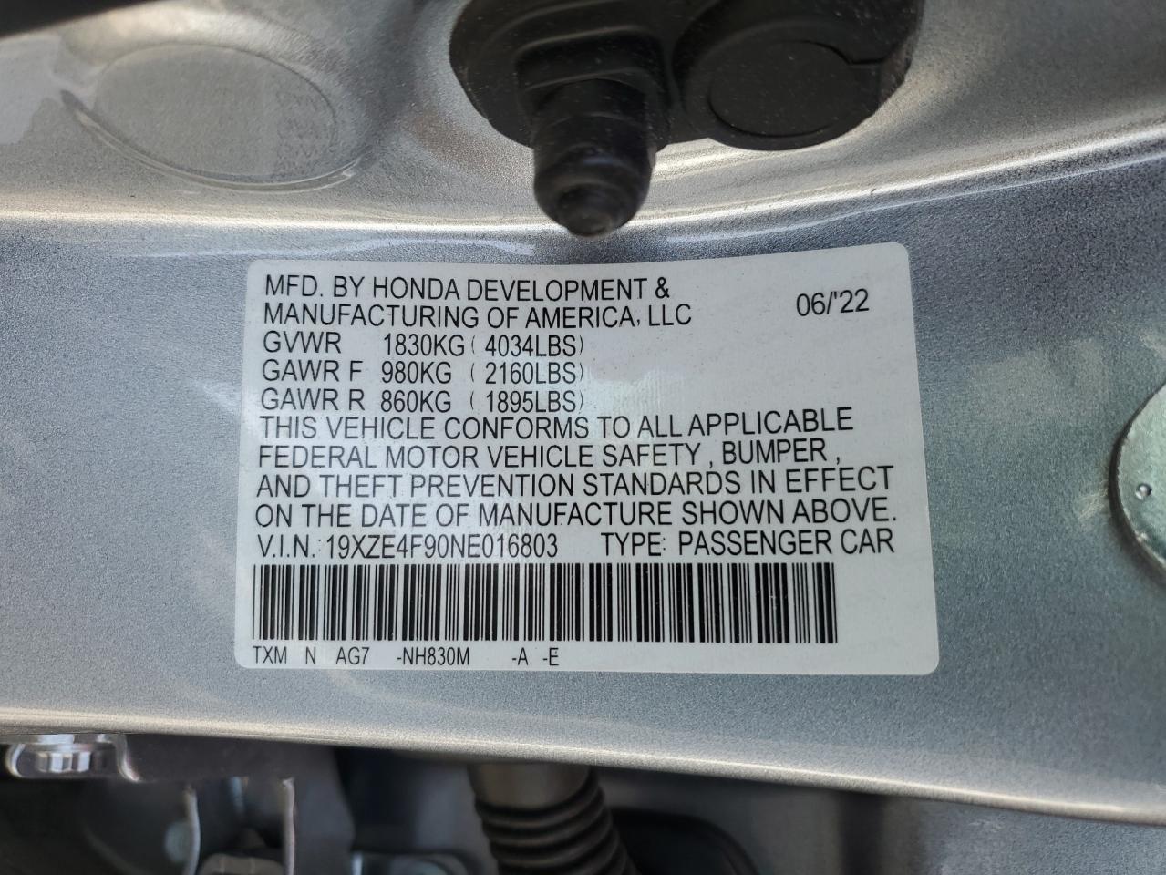 2022 HONDA INSIGHT TOURING VIN:19XZE4F90NE016803