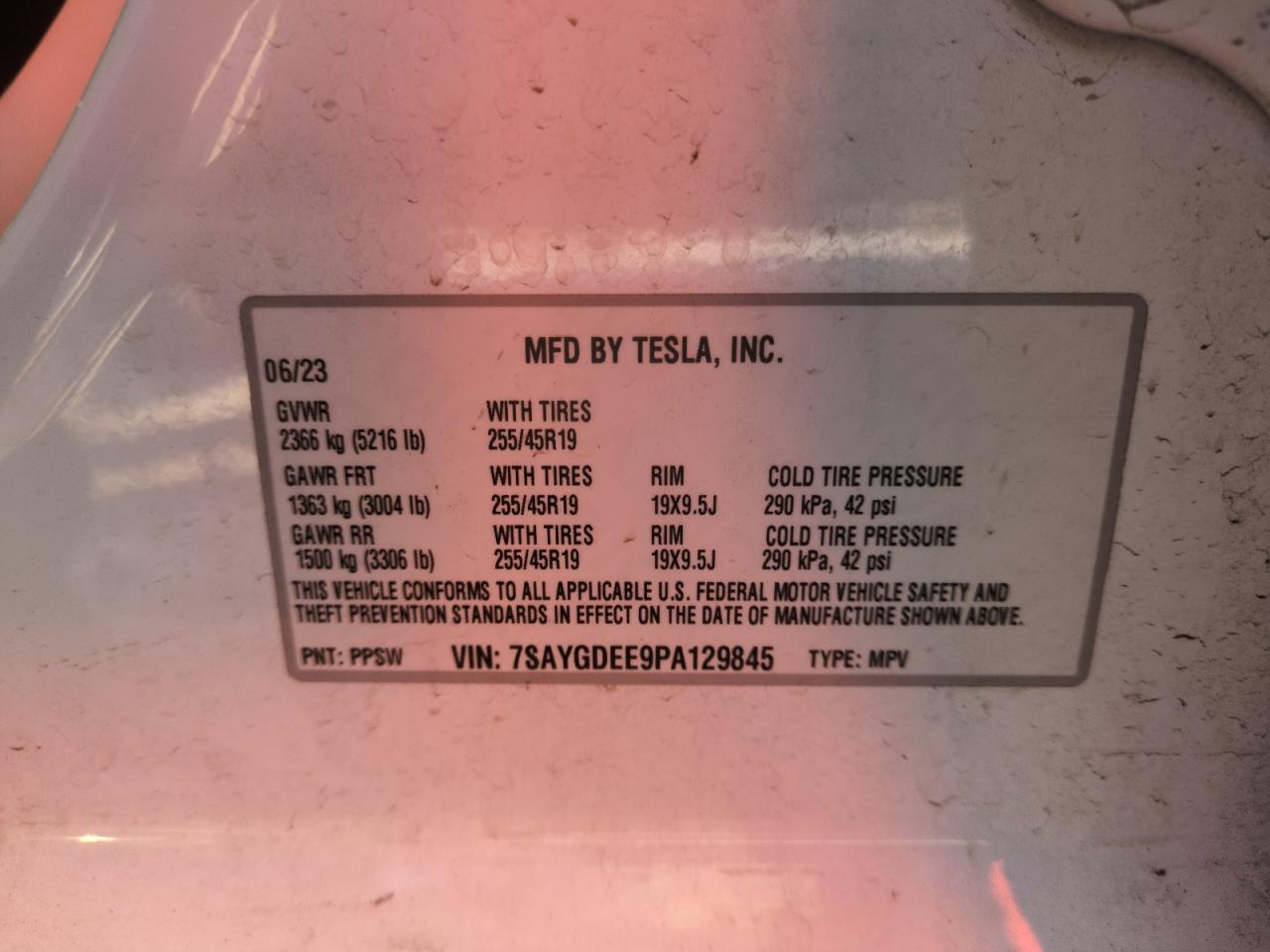 2023 TESLA MODEL Y  VIN:7SAYGDEE9PA129845