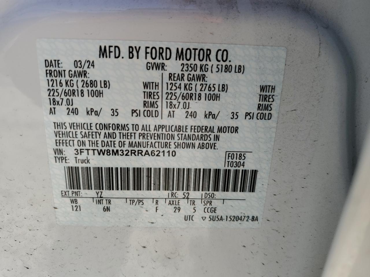 2024 FORD MAVERICK LARIAT VIN:3FTTW8M32RRA62110