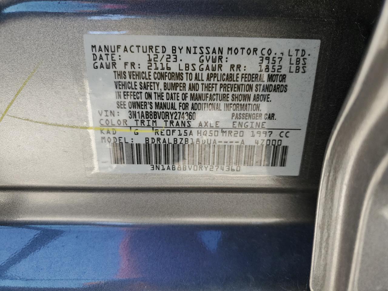 2024 NISSAN SENTRA S VIN:3N1AB8BV0RY274360