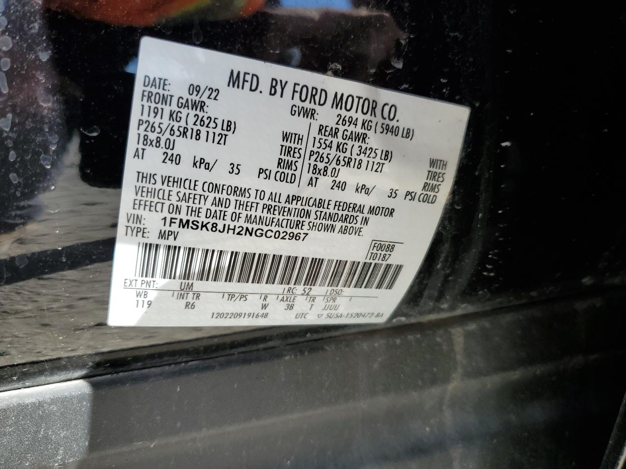 2022 FORD EXPLORER TIMBERLINE VIN:1FMSK8JH2NGC02967