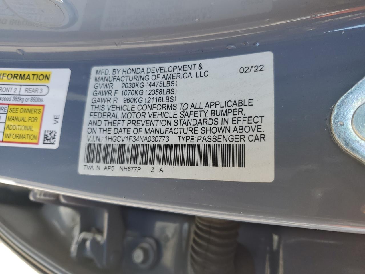 2022 HONDA ACCORD SPORT VIN:1HGCV1F34NA030773
