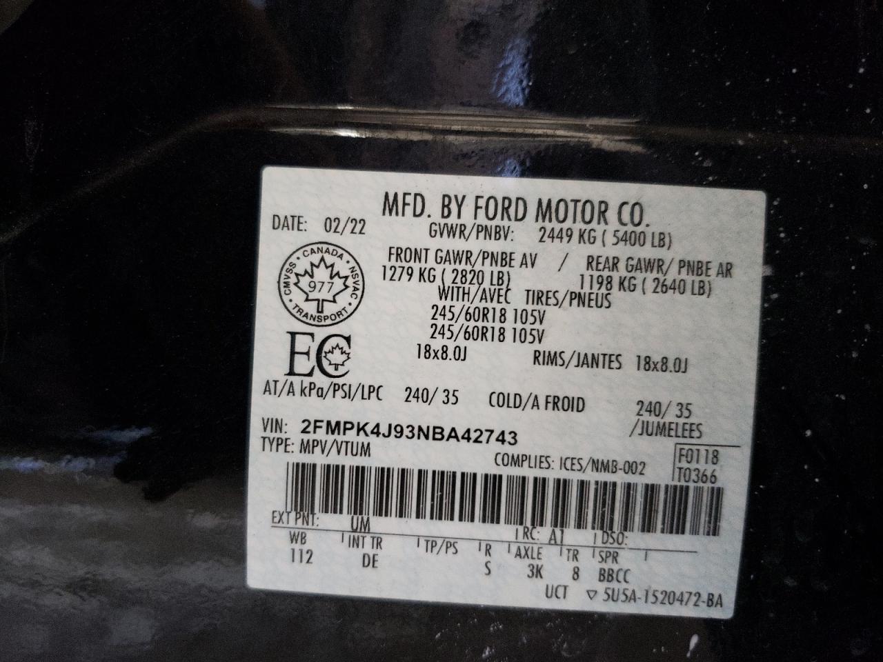 2022 FORD EDGE SEL VIN:2FMPK4J93NBA42743