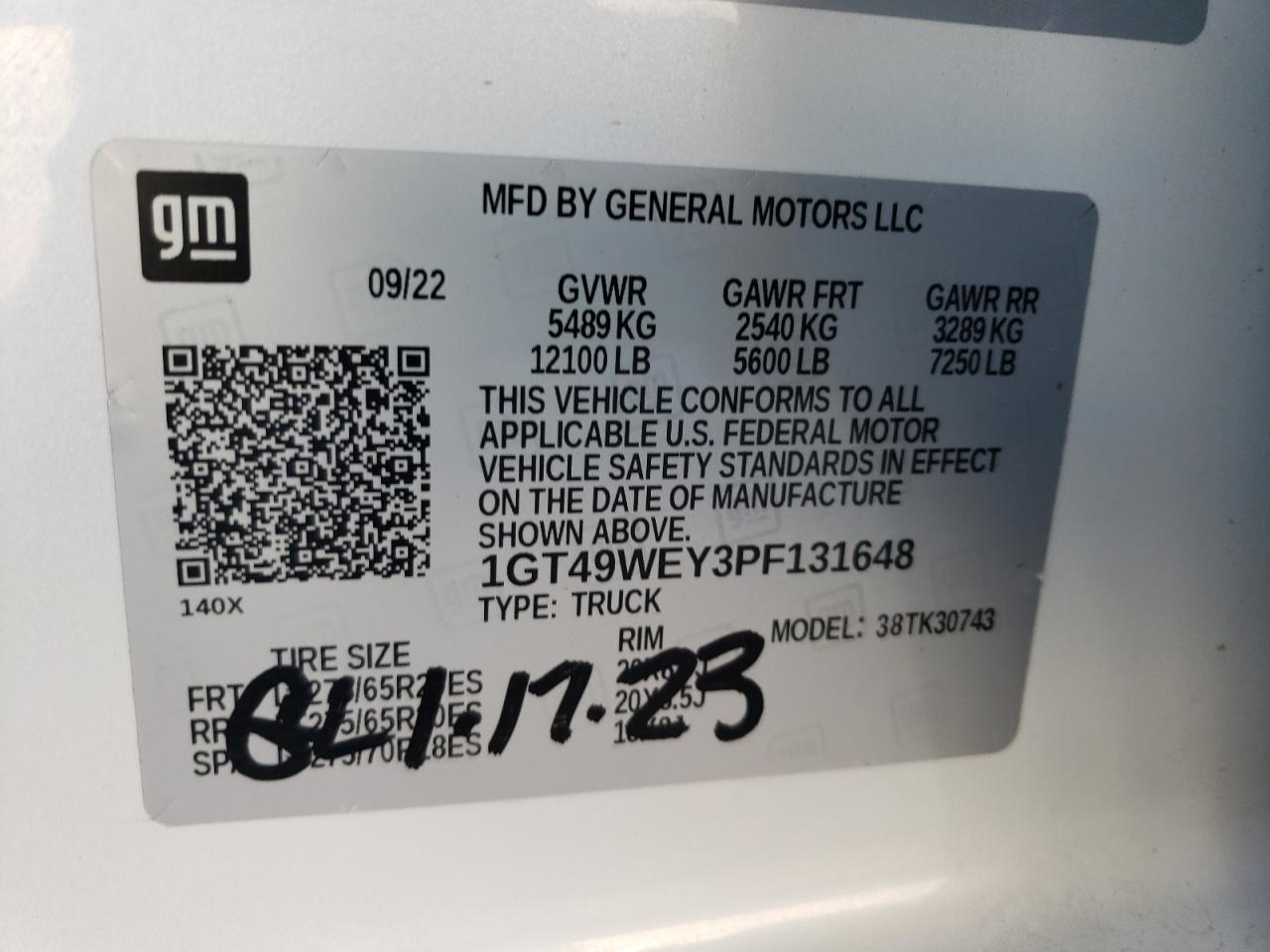 2023 GMC SIERRA K3500 DENALI VIN:1GT49WEY3PF131648