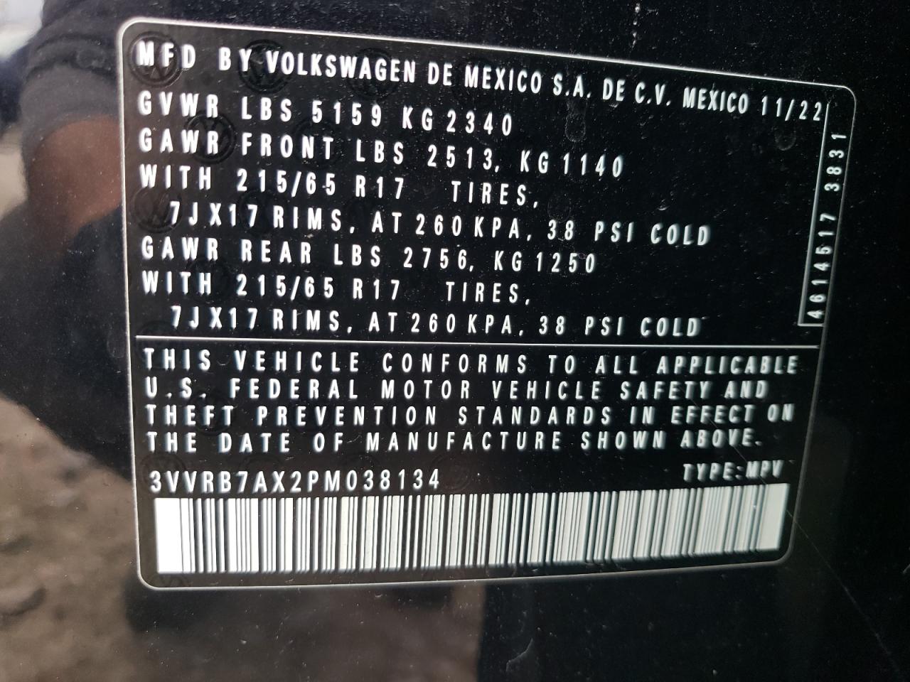 2023 VOLKSWAGEN TIGUAN S VIN:3VVRB7AX2PM038134