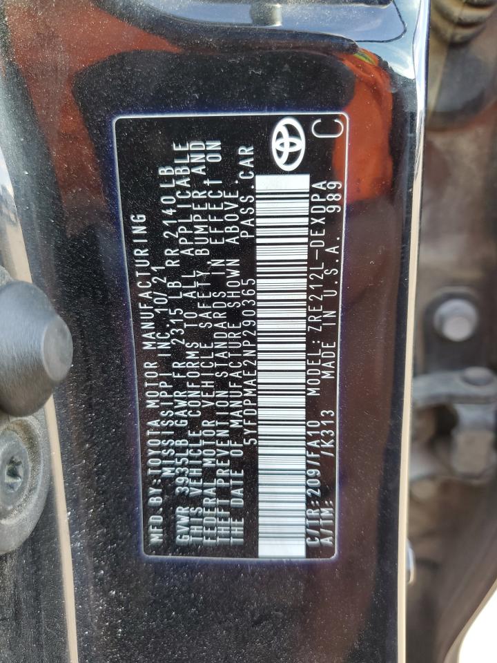 2022 TOYOTA COROLLA L VIN:5YFDPMAE2NP290365