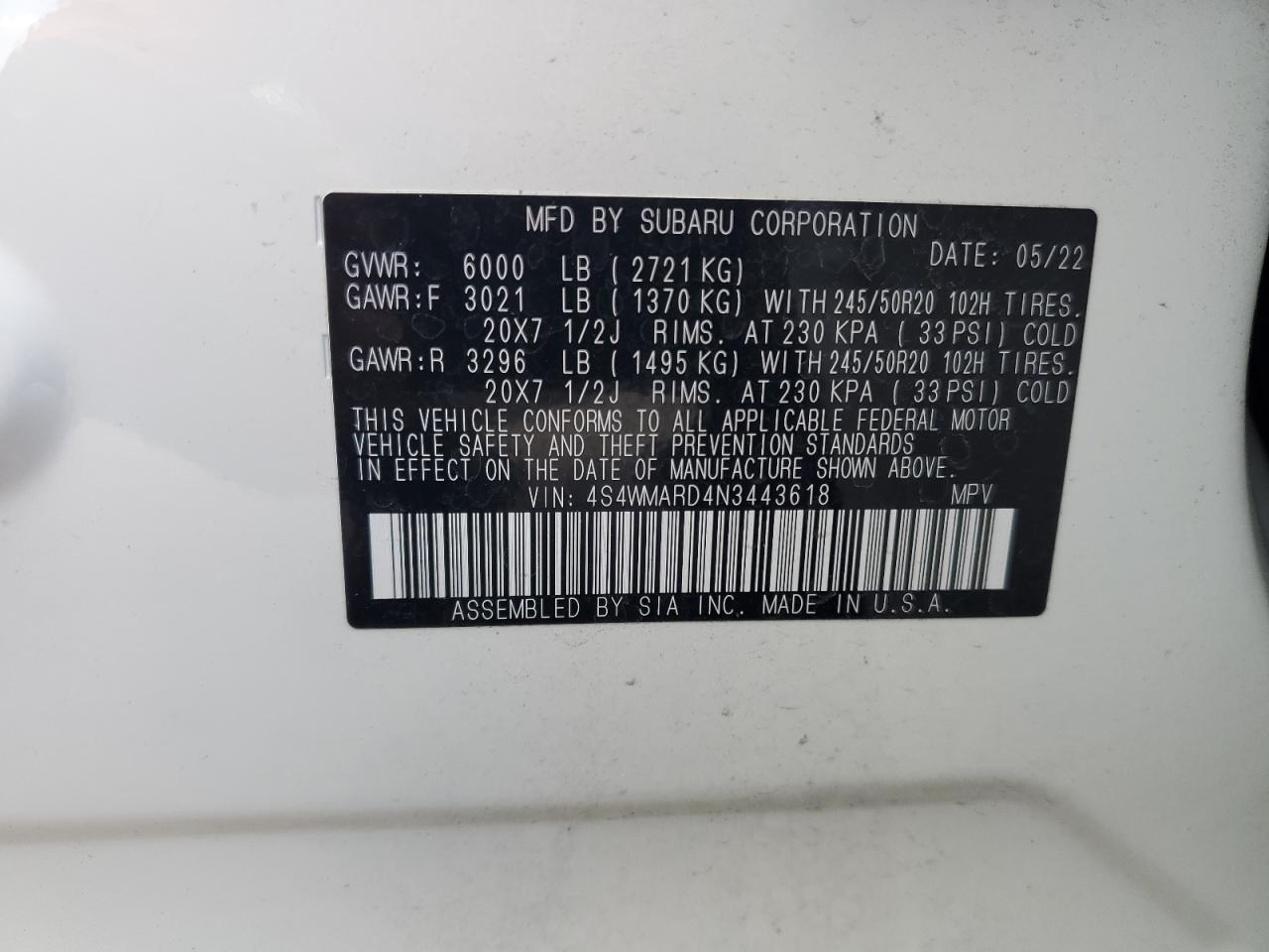 2022 SUBARU ASCENT TOURING VIN:4S4WMARD4N3443618