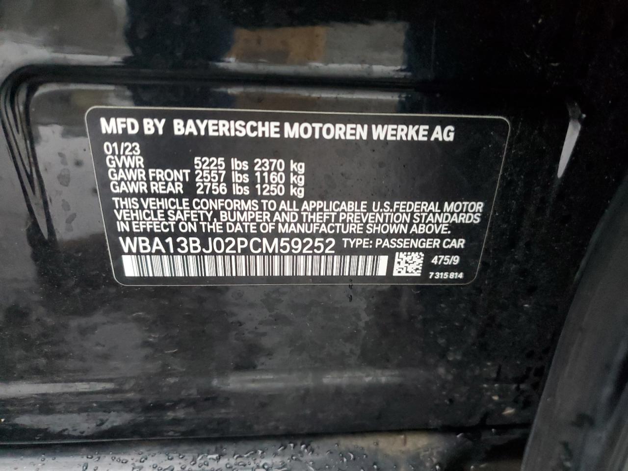 2023 BMW 530 XI VIN:WBA13BJ02PCM59252