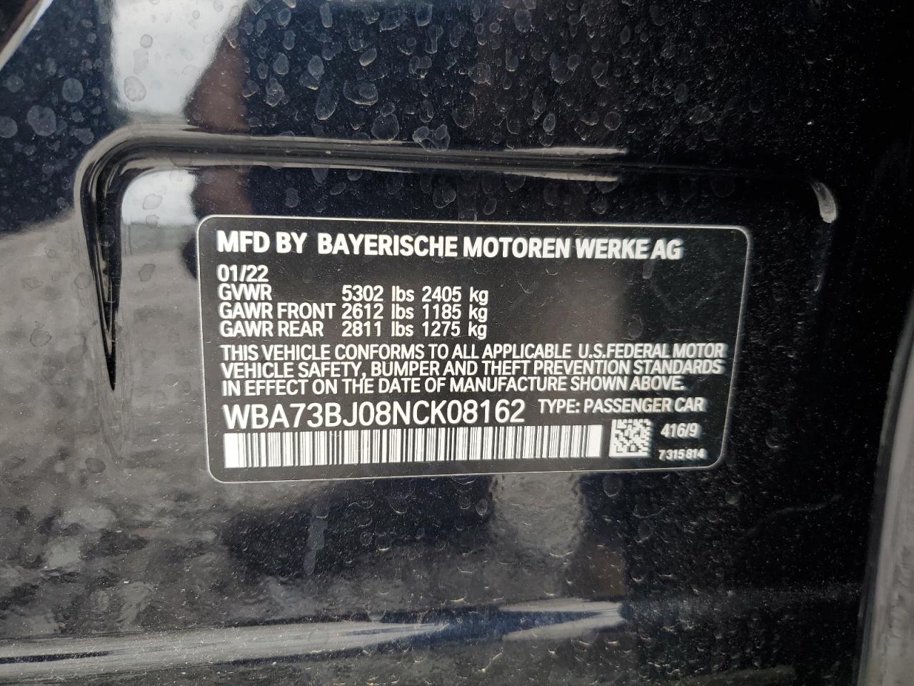 2022 BMW 540 XI VIN:WBA73BJ08NCK08162