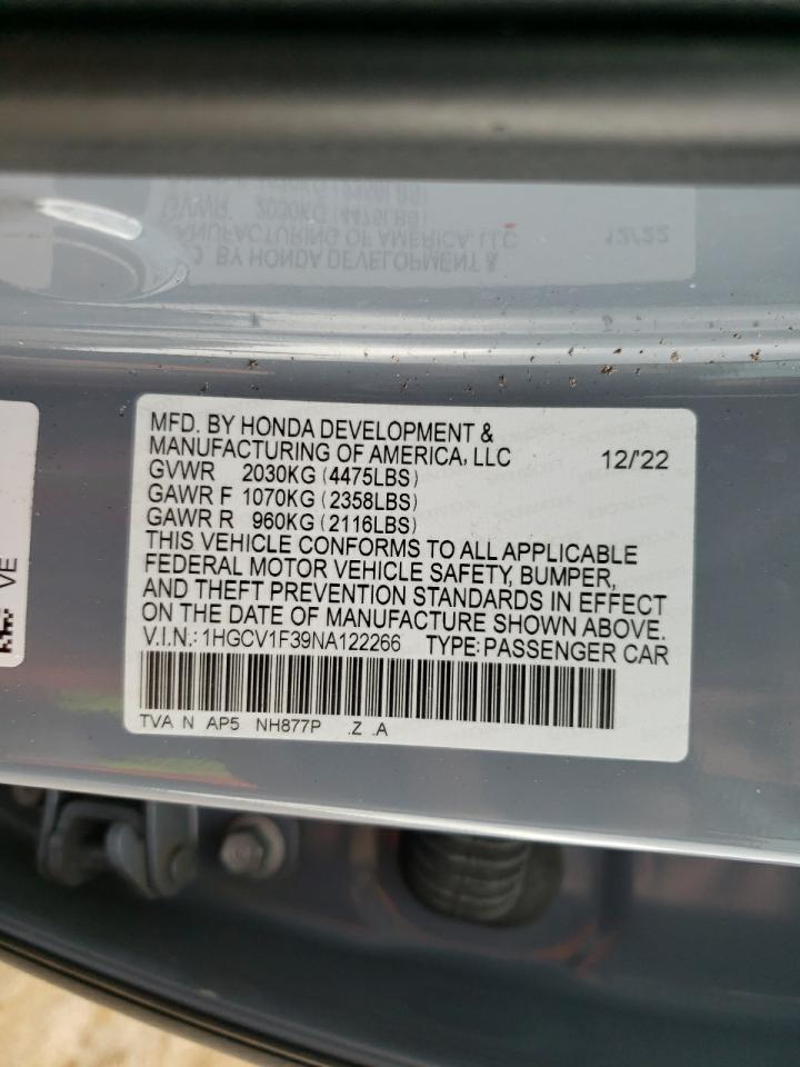 2022 HONDA ACCORD SPORT VIN:1HGCV1F39NA122266