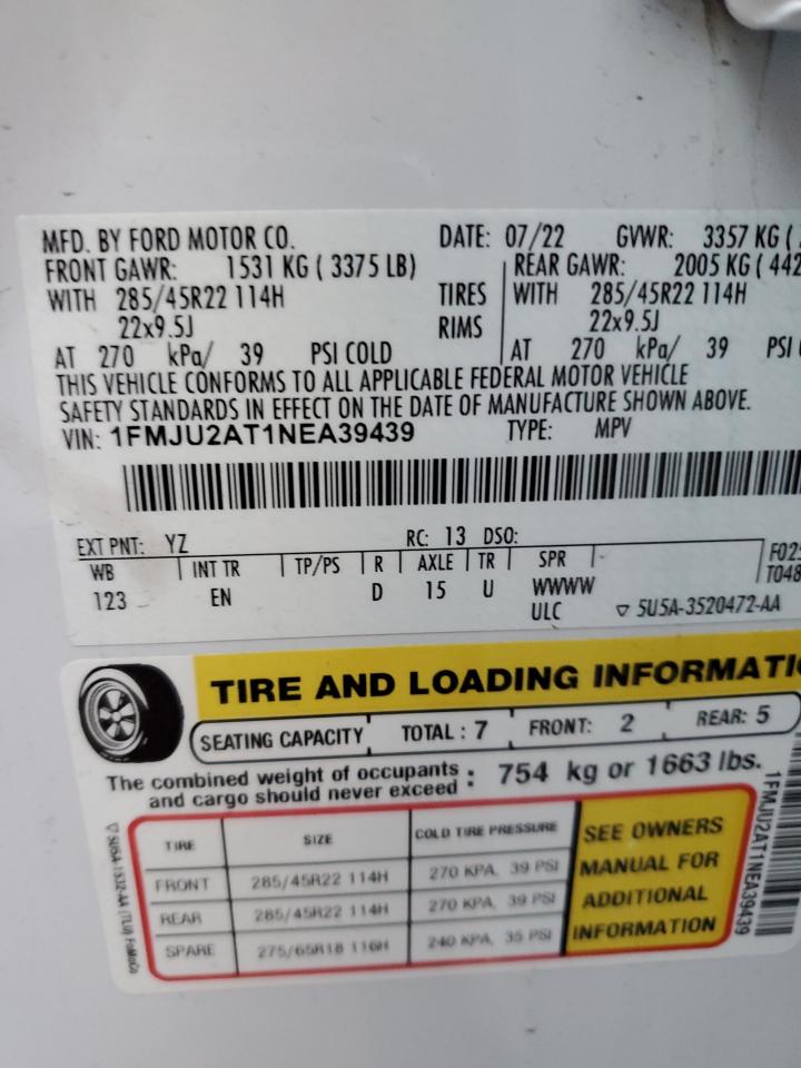 2022 FORD EXPEDITION LIMITED VIN:1FMJU2AT1NEA39439