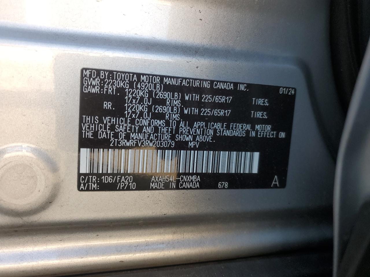 2024 TOYOTA RAV4 XLE VIN:2T3RWRFV3RW203079