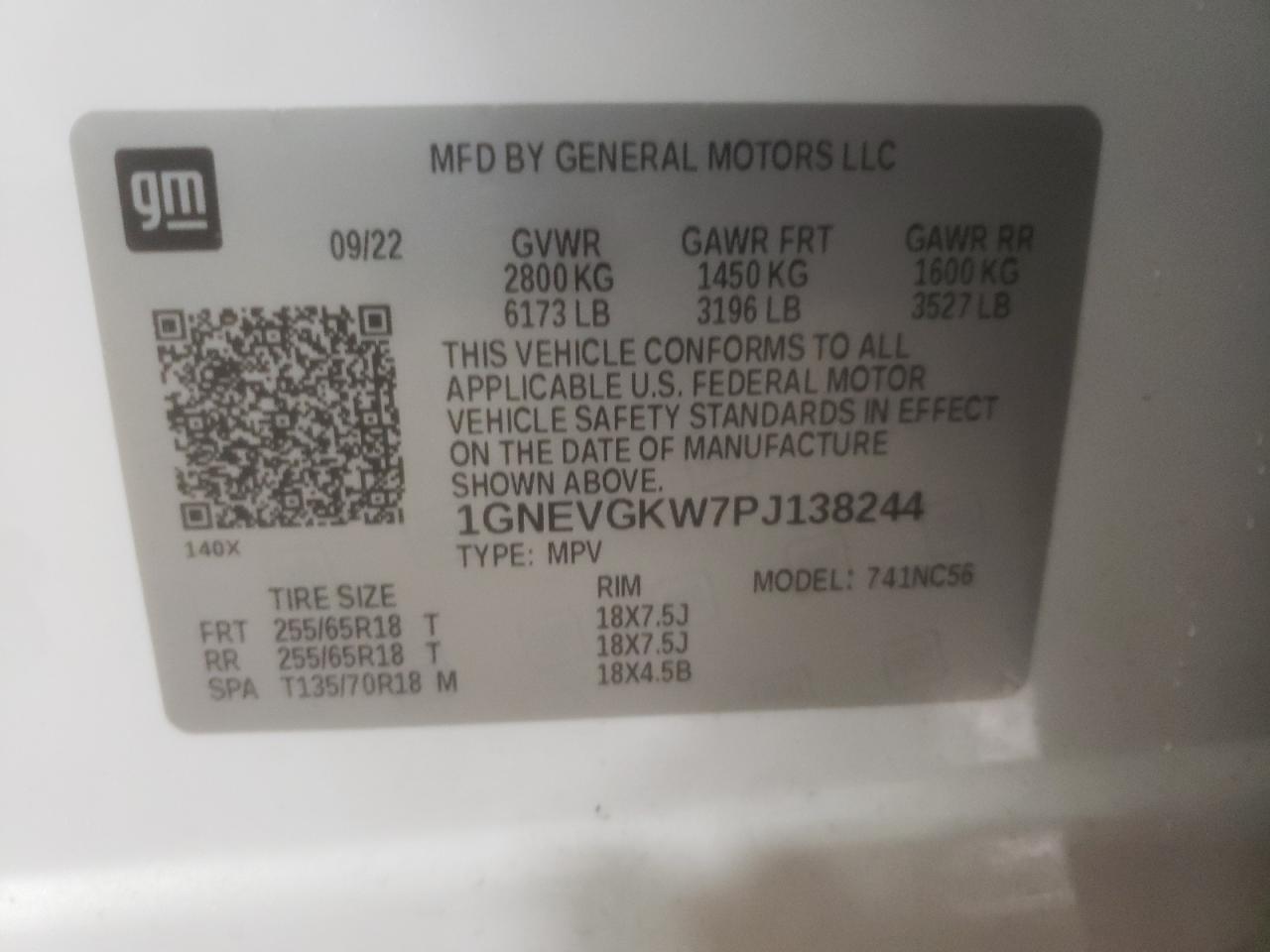 2023 CHEVROLET TRAVERSE LT VIN:1GNEVGKW7PJ138244