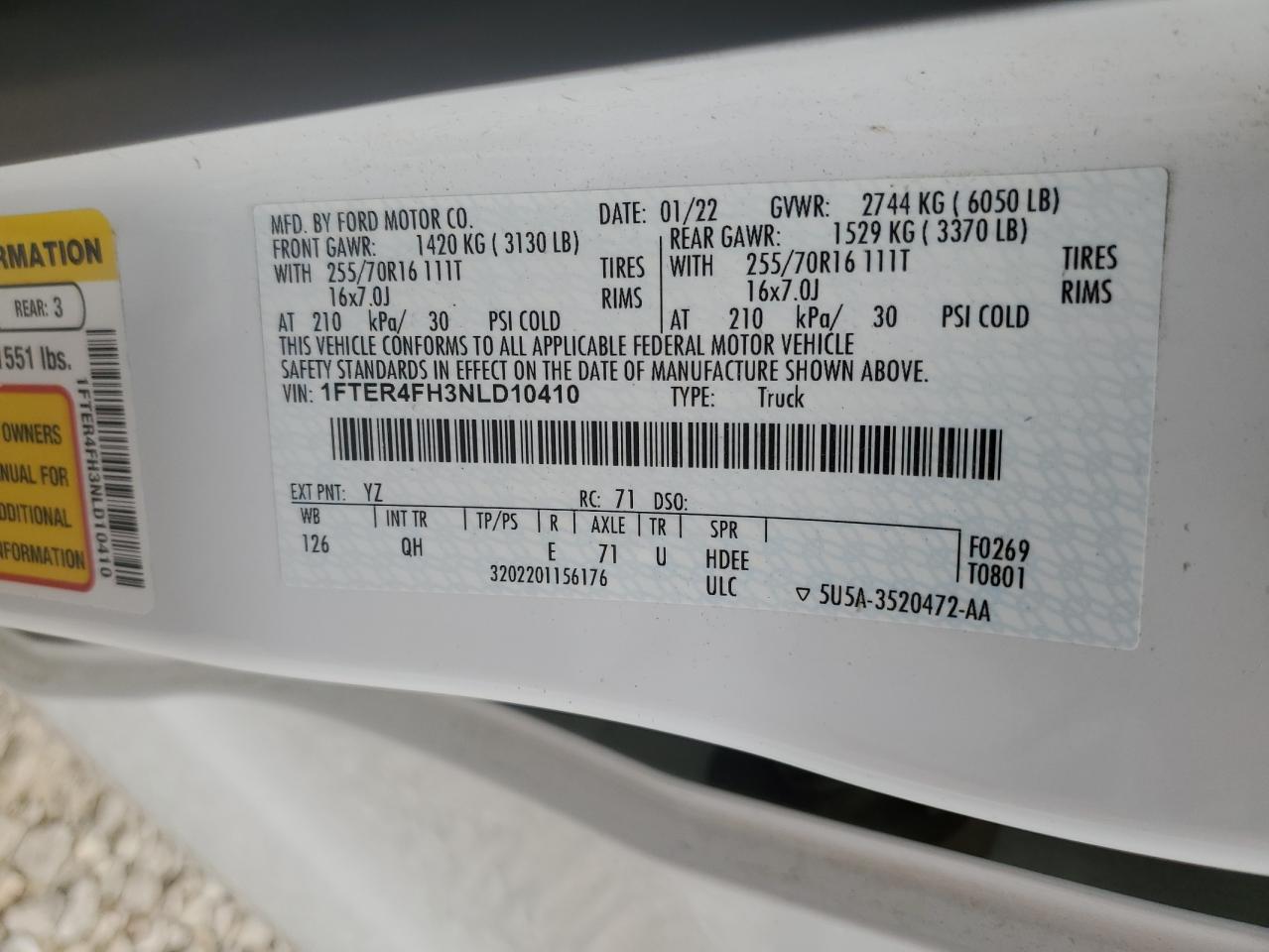 2022 FORD RANGER XL VIN:1FTER4FH3NLD10410