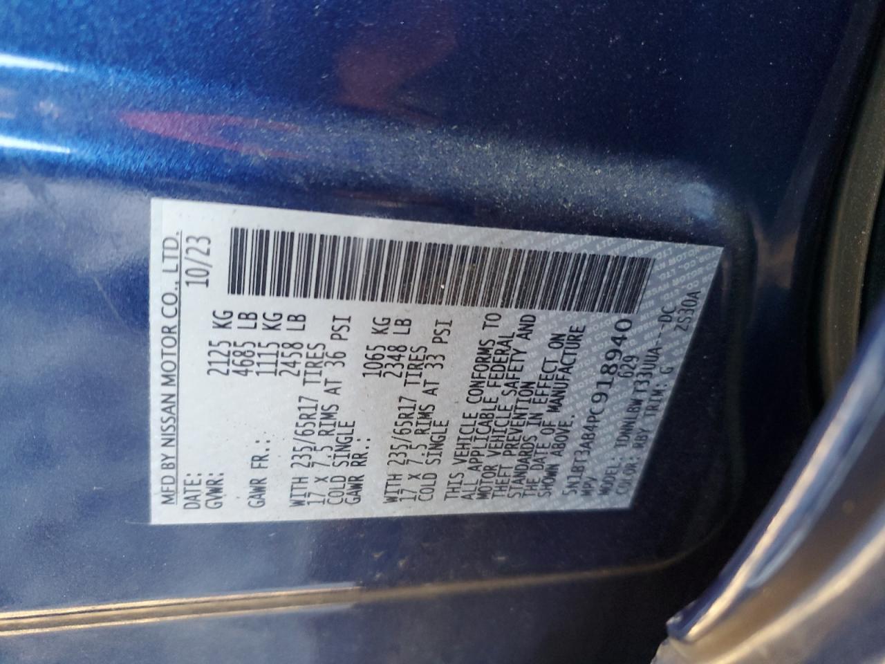 2023 NISSAN ROGUE S VIN:5N1BT3AB4PC918940
