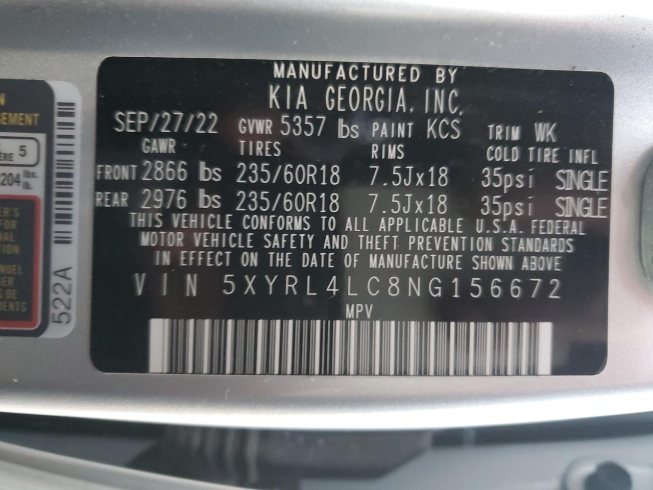 2022 KIA SORENTO S VIN:5XYRL4LC8NG156672