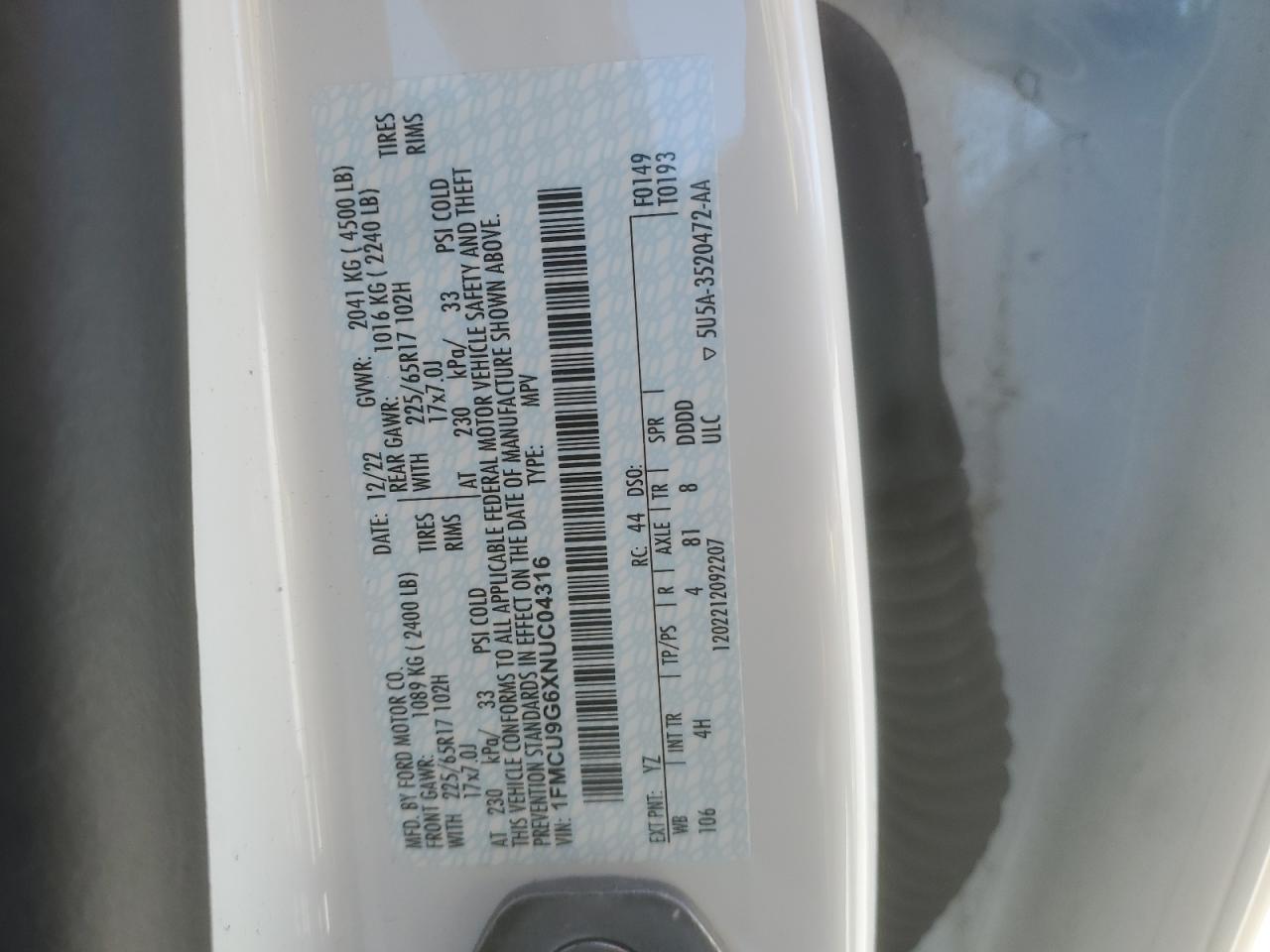 2022 FORD ESCAPE SE VIN:1FMCU9G6XNUC04316