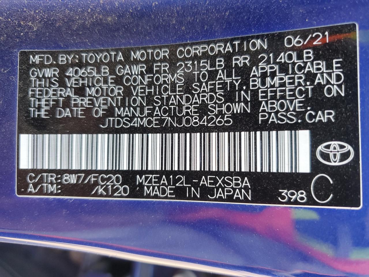 2022 TOYOTA COROLLA SE VIN:JTDS4MCE7NJ084265